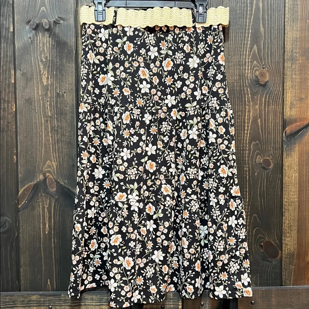 Boho Black Multi Floral Belted Midi Skirt S Tiered Chic Cottagecore Romantic EUC